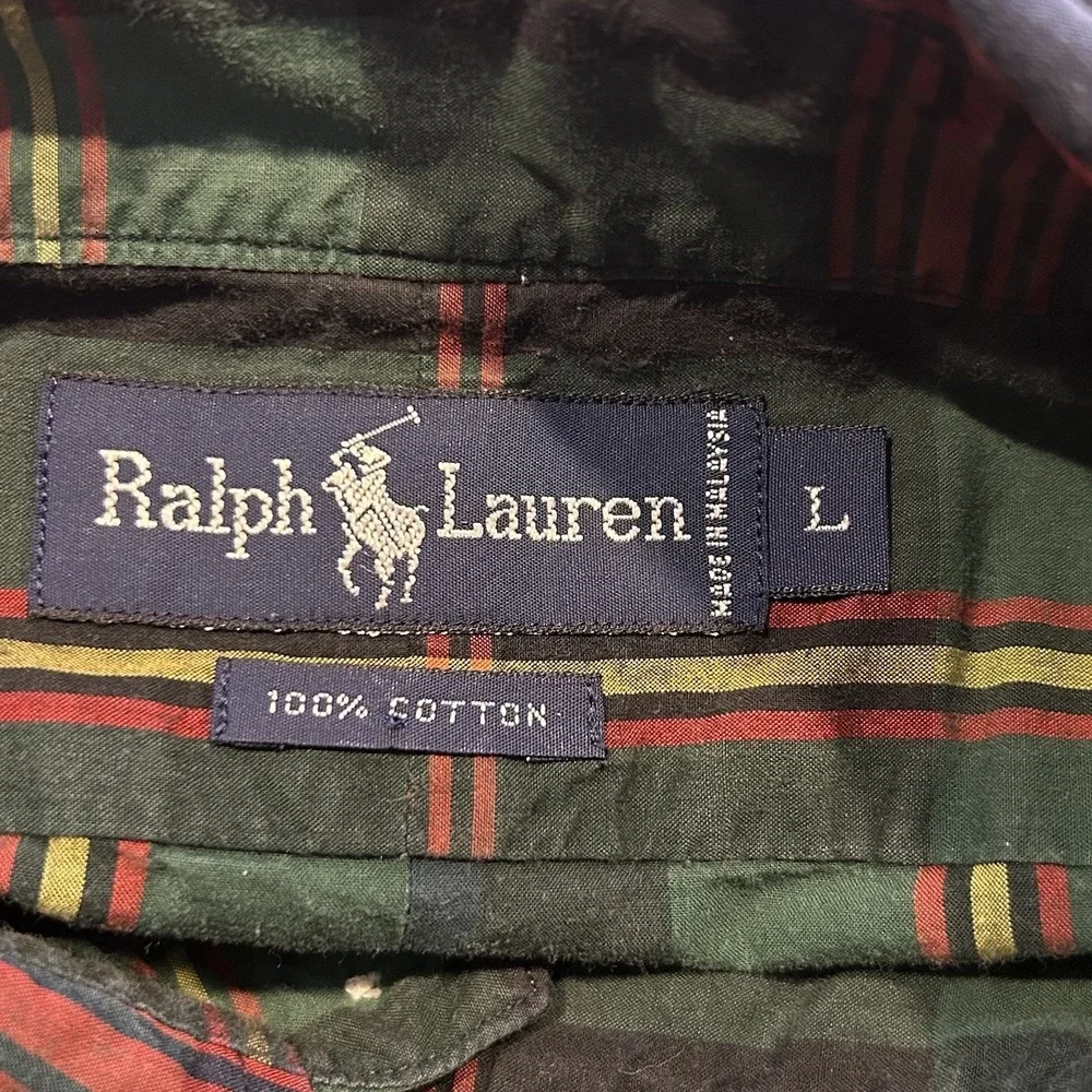 Polo Ralph Lauren‎ Plaid Shirt Mens L Vintage Green Langston Cotton Tartan Cabin